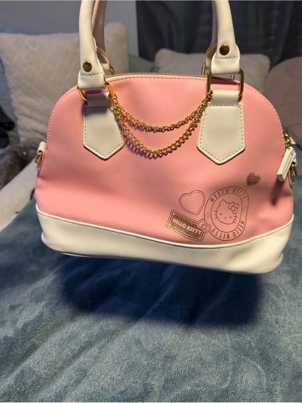 Hello Kitty Pink and White Dome Satchel with Gold Chain Accents